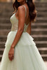 Load image into Gallery viewer, Light Green Tulle A Line V-Neck Tiered Long Prom Dress with Slit