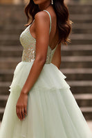 Load image into Gallery viewer, Light Green Tulle A Line V-Neck Tiered Long Prom Dress with Slit