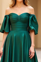 Load image into Gallery viewer, Dark Green Satin A Line Off the Shoulder Long Prom Dress with Slit