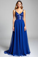 Load image into Gallery viewer, Royal Blue Chiffon A Line Backless Long Prom Dress