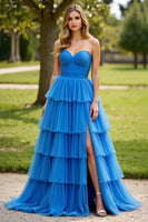 Load image into Gallery viewer, Blue A Line Tulle Strapless Tiered Long Prom Dress with Slit
