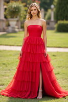Load image into Gallery viewer, Red A Line Tulle Strapless Tiered Long Prom Dress with Slit
