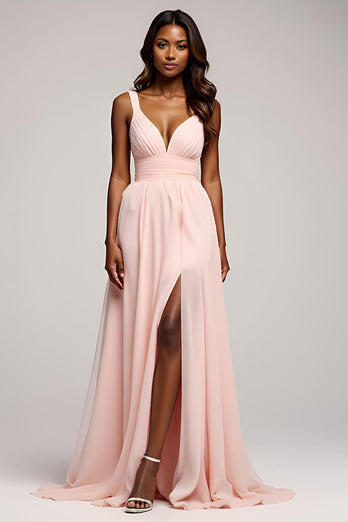 Pink A Line Chiffon Backless Long Prom Dress with Slit