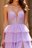 Load image into Gallery viewer, Lilac A Line Tulle Strapless Sweetheart Tiered Long Prom Dress with Slit