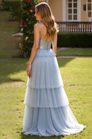 Load image into Gallery viewer, Grey Blue A Line Tulle Spaghetti Straps Tiered Long Prom Dress with Slit
