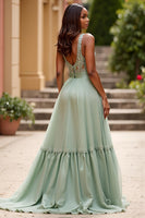 Load image into Gallery viewer, Dusty Sage A Line V-Neck Backless Long Prom Dress with Sequins