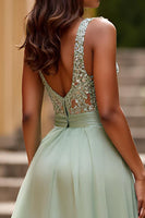 Load image into Gallery viewer, Dusty Sage A Line V-Neck Backless Long Prom Dress with Sequins