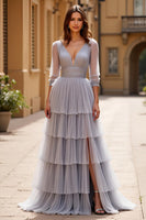 Load image into Gallery viewer, Grey A Line Tulle Backless V-Neck Tiered Long Prom Dress with Slit