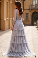 Load image into Gallery viewer, Grey A Line Tulle Backless V-Neck Tiered Long Prom Dress with Slit