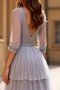 Load image into Gallery viewer, Grey A Line Tulle Backless V-Neck Tiered Long Prom Dress with Slit