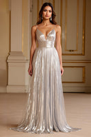 Load image into Gallery viewer, Silver A Line Deep V-Neck Spaghetti Straps Long Prom Dress