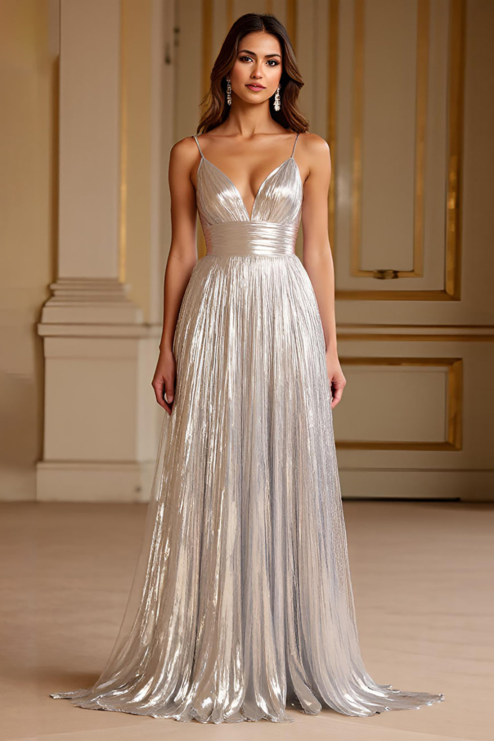 Silver A Line Deep V-Neck Spaghetti Straps Long Prom Dress
