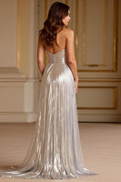Load image into Gallery viewer, Silver A Line Deep V-Neck Spaghetti Straps Long Prom Dress