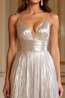 Load image into Gallery viewer, Silver A Line Deep V-Neck Spaghetti Straps Long Prom Dress
