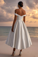 Load image into Gallery viewer, White A Line Satin Off the Shoulder Sweetheart Long Graduation Dress