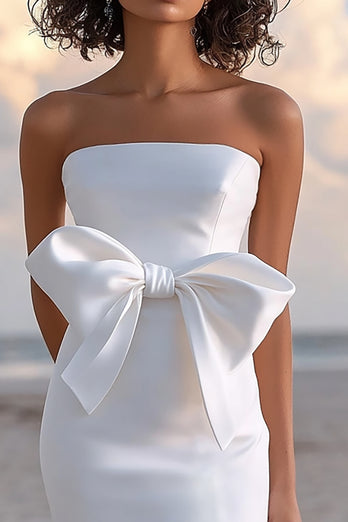 White Bodycon Satin Strapless Long Graduation Dress with Bow