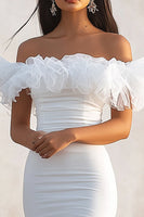 Load image into Gallery viewer, White Bodycon Satin Off the Shoulder Long Graduation Dress with Ruffles