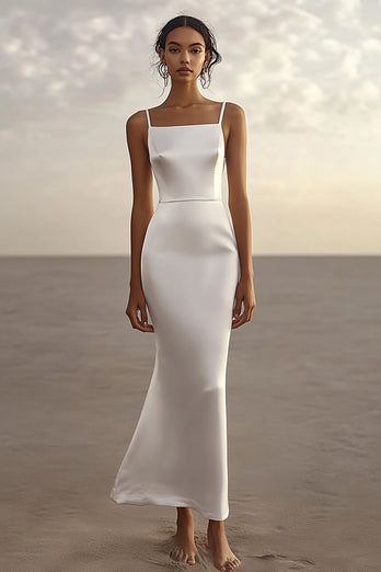 White Sheath Satin Spaghetti Straps Long Graduation Dress