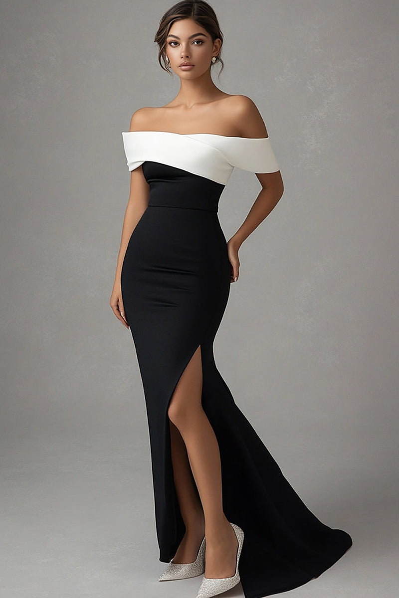 Load image into Gallery viewer, Off the Shoulder White Satin Long Black Tie Dress with Slit