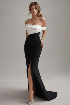 Red Sheath Off the Shoulder Long Black Tie Dress with Slit