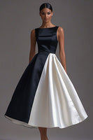 Load image into Gallery viewer, Queendancer Women Elegant White A Line Long Black Tie Dress Satin Boat Neck Sleeveless Ruched Tea-Length Formal Dress