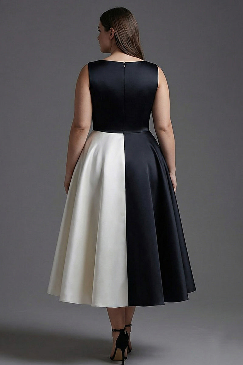 Load image into Gallery viewer, Elegant Black and White Satin Boat Neck A Line Long Formal Dress