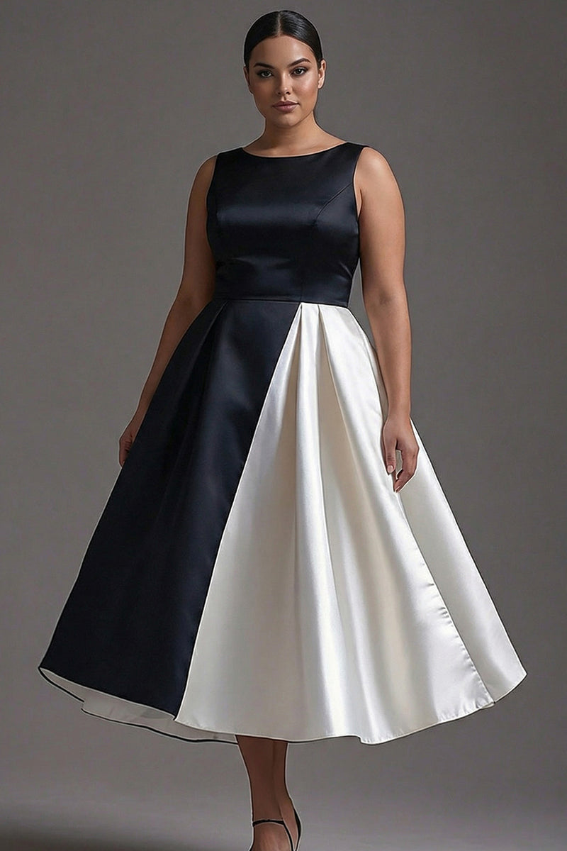 Load image into Gallery viewer, Elegant Black and White Satin Boat Neck A Line Long Formal Dress