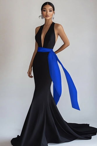 Royal Blue Sleeveless Long Deep V-Neck Black Tie Dress