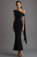 Load image into Gallery viewer, Sheath Long Streamer One Shoulder Black Tie Dress