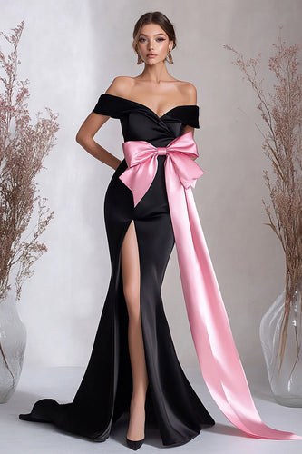 Pink Streamer Long Bowknot Black Tie Dress with Slit