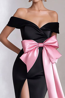 Pink Streamer Long Bowknot Black Tie Dress with Slit