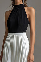 Load image into Gallery viewer, White A Line Halter Neck Long Black Tie Dress with Pleated