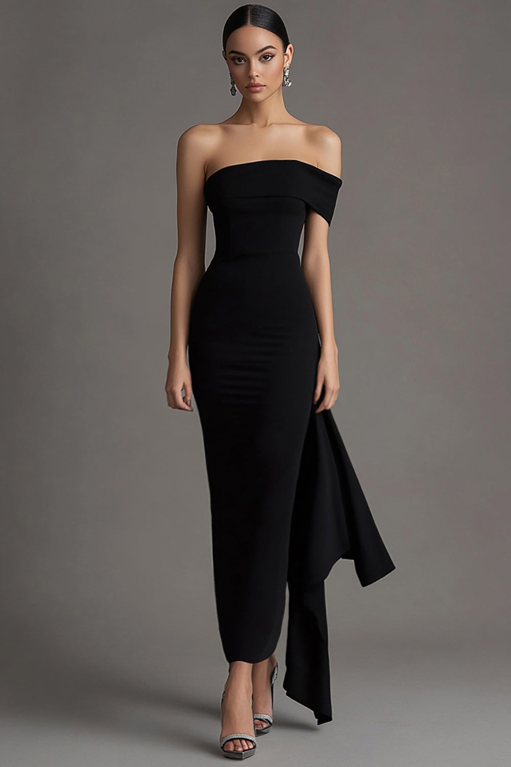 One Shoulder Sheath Long Black Tie Dress with Streamer
