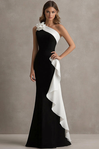 White One Shoulder Long Black Tie Dress with 3D Flowers
