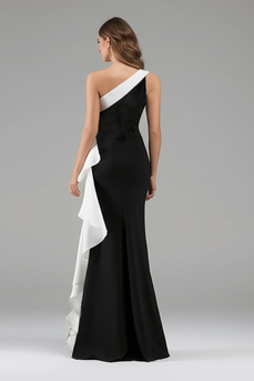 White One Shoulder Long Black Tie Dress with 3D Flowers