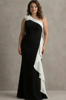 Load image into Gallery viewer, White One Shoulder Plus Size Long Black Tie Dress with 3D Flowers