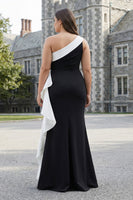 Load image into Gallery viewer, White One Shoulder Plus Size Long Black Tie Dress with 3D Flowers