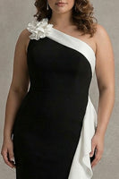 Load image into Gallery viewer, White One Shoulder Plus Size Long Black Tie Dress with 3D Flowers