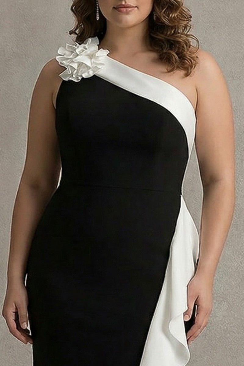 Load image into Gallery viewer, White One Shoulder Plus Size Long Black Tie Dress with 3D Flowers