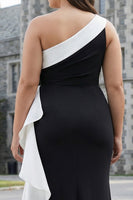Load image into Gallery viewer, White One Shoulder Plus Size Long Black Tie Dress with 3D Flowers