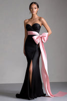 Load image into Gallery viewer, Queendancer Women Pink Bowknot Long Black Tie Dress with Slit Satin Sweetheart Strapless Sheath Streamer Formal Dress