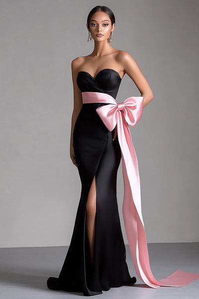 Queendancer Women Pink Bowknot Long Black Tie Dress with Slit Satin Sweetheart Strapless Sheath Streamer Formal Dress