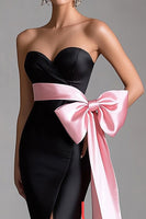 Load image into Gallery viewer, Pink Bowknot Satin Sheath Sweetheart Long Black Tie Dress with Slit