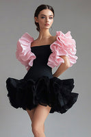 Load image into Gallery viewer, Square Neck Black Pink Ruched Short Little Black Dress