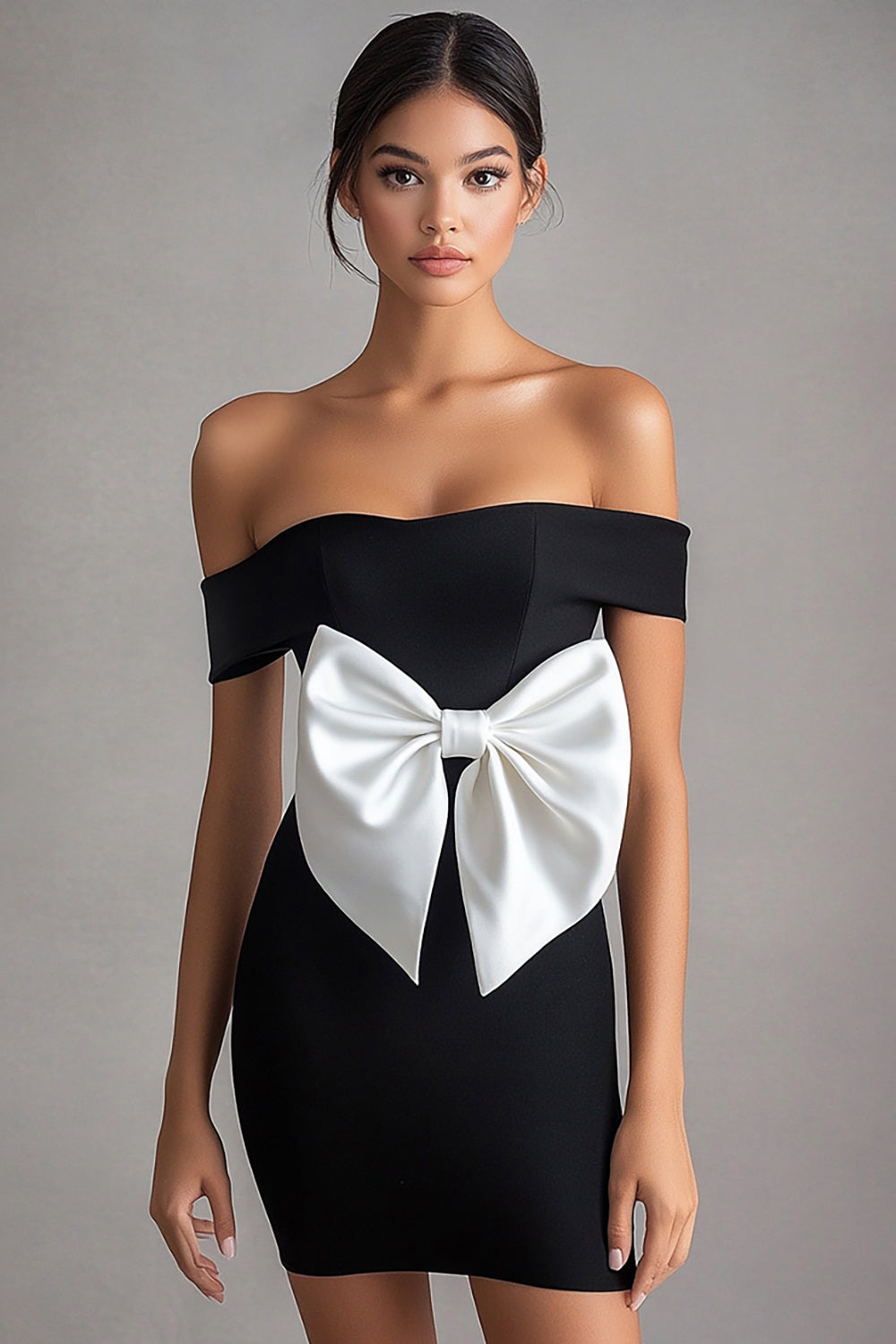 White Off the Shoulder Short Little Black with Bow