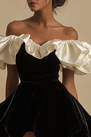 Load image into Gallery viewer, Ivory A Line Ruched Short Little Black Dress with Ruffles