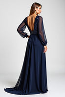 Load image into Gallery viewer, Navy Chiffon Long Sleeves Long Mother of the Bride Dress with Sequins