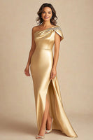Load image into Gallery viewer, Gold One Shoulder Sheath Long Formal Dress with Slit