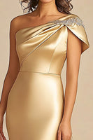 Load image into Gallery viewer, Gold One Shoulder Sheath Long Formal Dress with Slit