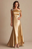 Load image into Gallery viewer, Gold Off the Shoulder Sheath Satin Long Formal Dress